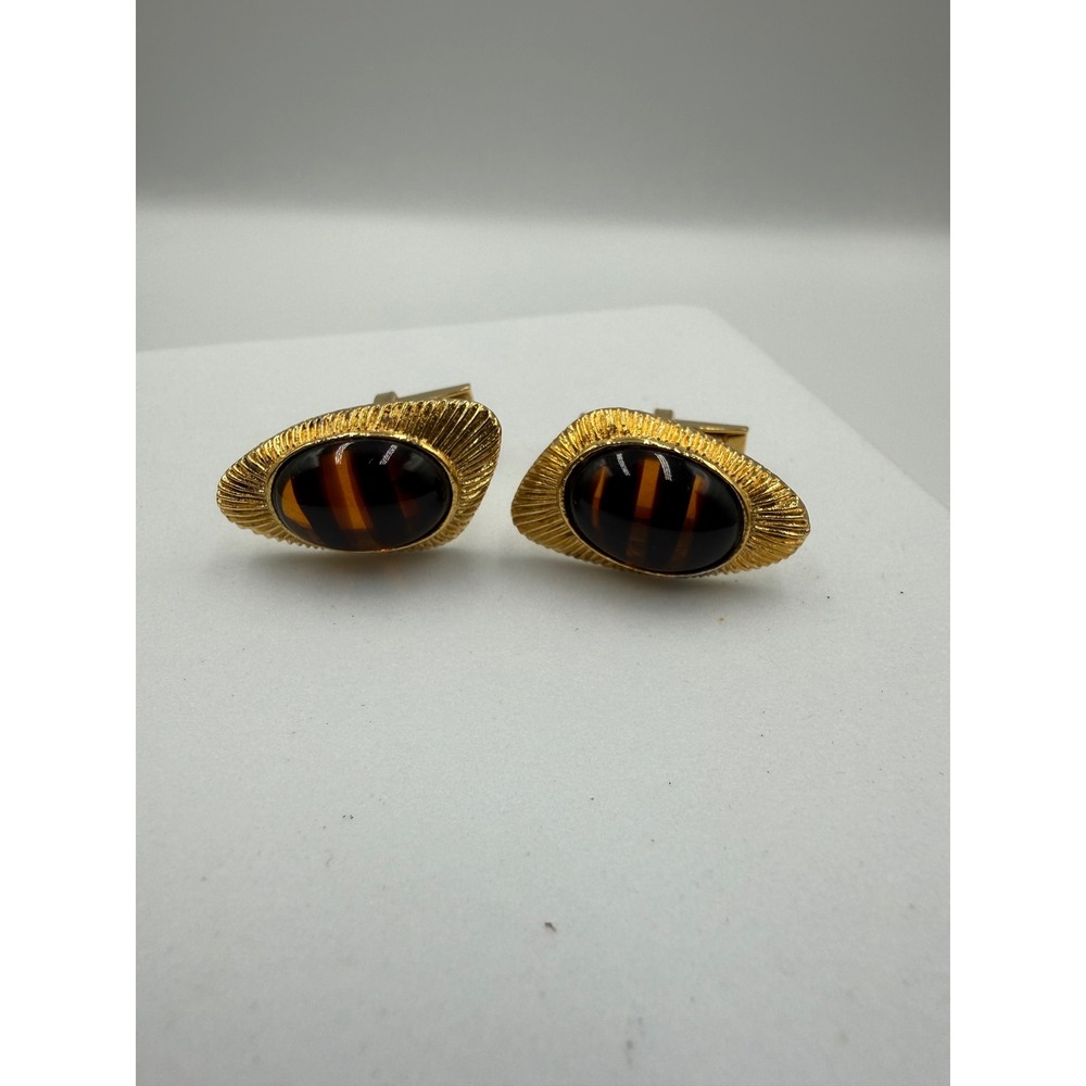 Vintage USA Gold Tone Faux Tigers Eye Striped Cabochon Cufflinks Retro Mens - Picture 1 of 5